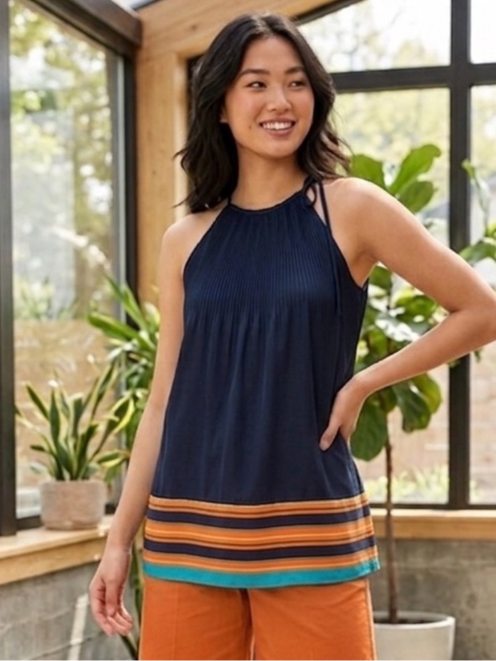 Ann Taylor Black Halter Top with Orange and Teal Stripes